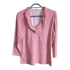 J. McLaughlin Durham Ruffle Top Red/Pink, White, Blue Yellow Catalina Cloth Sz L